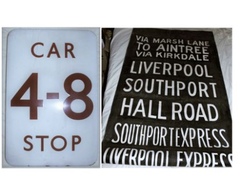 BR(M) FF Enamel Car Stop Sign. 4 - 8 CAR STOP together with a BR Destination Roller Sign from Class 502 EMU showing a number 