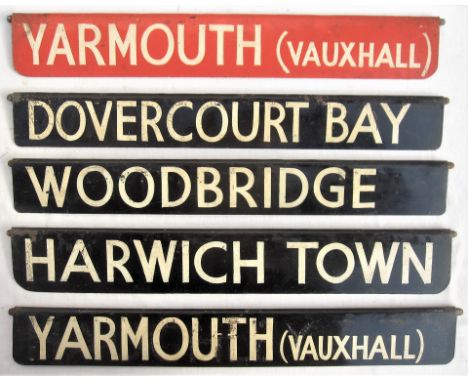 A lot containing 5 x painted metal Station Destination Signs. YARMOUTH (Vauxhall). DOVERCOURT BAY. WOODBRIDGE. HARWICH TOWN a