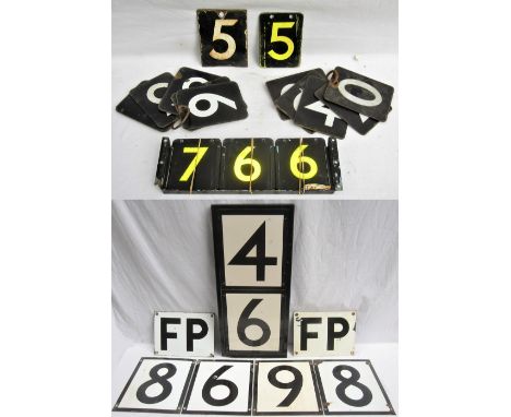 London Transport Enamel Trackside Car Stop Numbers. Two still in wooden frame together with a number of C stock reporting num