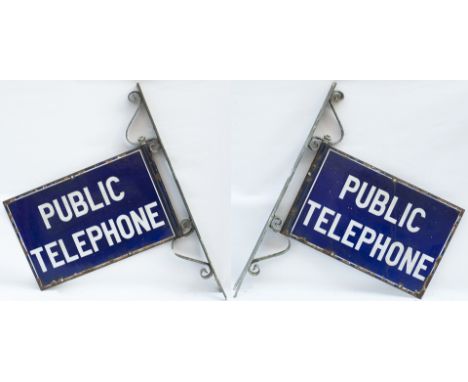 Double sided enamel sign PUBLIC TELEPHONE. In very good condition with original wall mounting bracket.