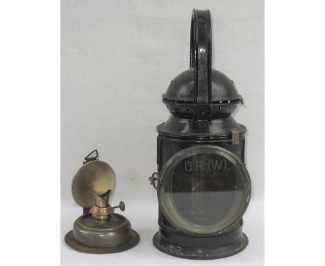 GWR Pre grouping 3 aspect steel top Hand Lamp. Front glass etched BR(W) complete with red and blue filters with brass oval No