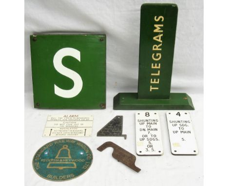 A lot containing odd signalling items and plates. Enamel S mounted onto wood. 2 x lever plates. Wooden finger sign TELEGRAMS 