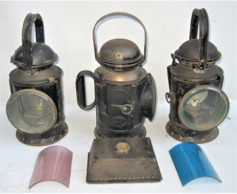 A Lot containing 3 x Brass Collar Handlamps. 2 x GWR and 1 x BR complete with reservoirs, burners and lenses together with a 