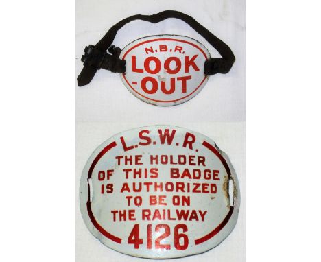 LSWR Enamel Arm Band. LSWR THE HOLDER OF THIS BADGE IS AUTHORISED TO BE ON THE RAILWAY 4126. Minus leather strap with enamel 