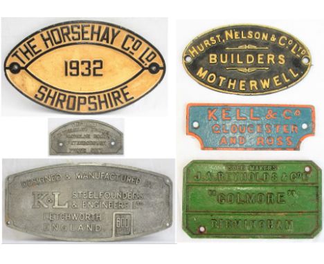 6 x Cast iron &amp; brass builders plates. HURST NELSON &amp; CO LTD MOTHERWELL. KELL &amp; CO GLOUCESTER. J A REYNOLDS &amp;