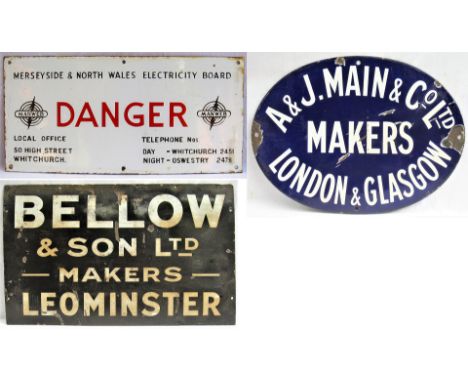 Enamel Signs x3  Merseyside and North Wales Electricity Board DANGER, BELLOW &amp; SON LTD MAKERS LEOMINSTER. Measures 24 in 
