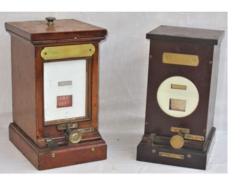 A pair of GWR Lamp Indicators. Wooden cased example showing Lamp - in/out together with a RE Thompson bakelite example with b