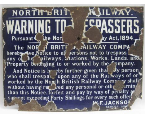 NBR Enamel Trespass Sign. NORTH BRITISH RAILWAY WARNING TO TRESPASSERS ACT 1894. Requires extensive restoration but a rare si