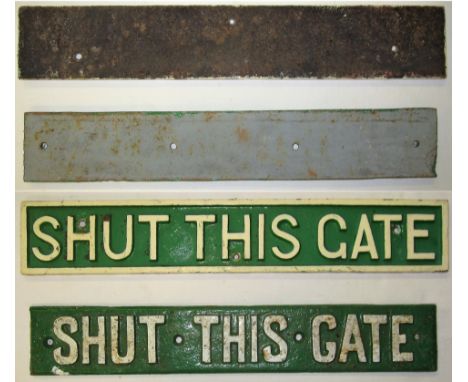 2 x Cast Iron Gate Notices. SHUT THIS GATE. One repainted long ago, the other original. See illustration.