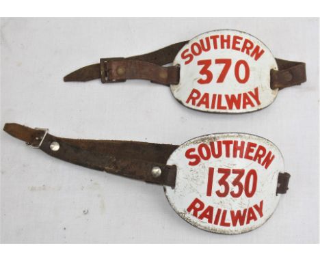2 x SOUTHERN RAILWAY enamel Arm Bands. Both complete with leather straps.