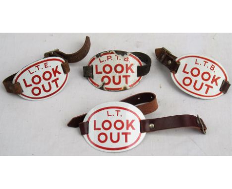 4 x London Transport Enamel LOOK - OUT Arm bands. All complete with leather straps.