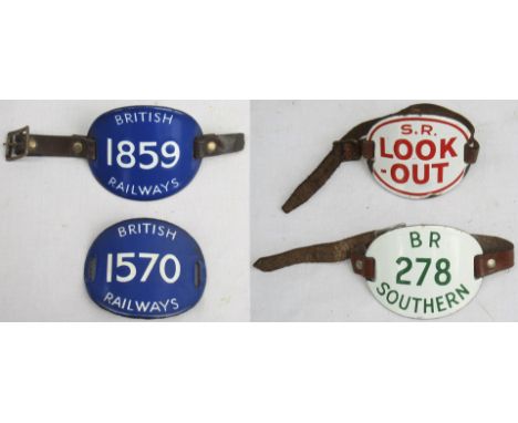 4 x Enamel Arm Bands. SR LOOK-OUT together with BR 278 SOUTHERN. BRITISH RAILWAYS 1859 &amp; 1570. One example missing leathe
