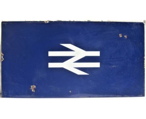 BR(E) Enamel single flanged Double Arrow sign in white on blue back ground. Good condition with the odd chip measuring 28.75 