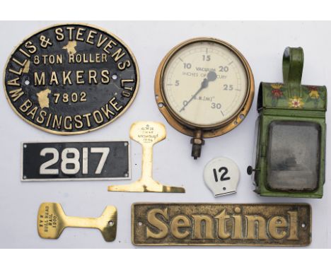 A miscellaneous lot to include the following items. BR Vacuum Gauge. General purpose hand lamp. SENTINEL Brass makers plate. 