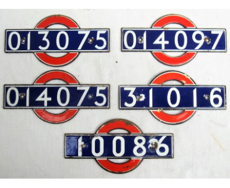 A lot containing a collection of 5 x enamel London Transport Underground carriage number plates as illustrated.