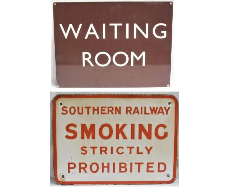 Southern Railway Enamel Sign. SMOKING STRIGHTLY PROHIBITED together with BR(W) screen printed sign WAITING ROOM. Both in good