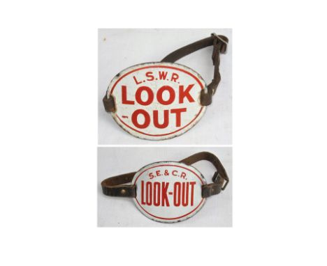 SE &amp; CR Enamel LOOK-OUT Arm Band. Complete with leather strap together with an LSWR example also with leather strap.
