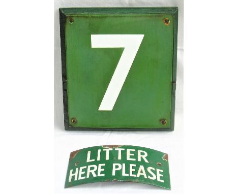 SR Enamel Number plate 7 mounted onto original wooden board together with a curved enamel SR Litter basket sign LITTER HERE P