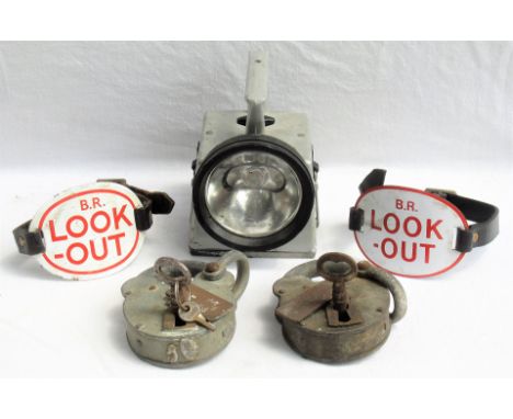 A lot containing miscellaneous railway items. BR Bardic hand lamp. 2 x BR enamel LOOK-OUT arm bands. 2 x PW padlocks with key