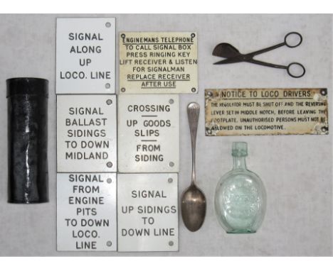 A Lot containing various railway items to include a GCR Glass Bottle. White Enamel Sign Notice to Drivers etc. GCR Restaurant