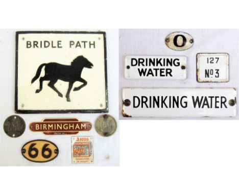 A lot containing 2 x enamel DRINKING WATER plates with a Post Box ID sign and a 0 plate. and other small signs and a Bridle P