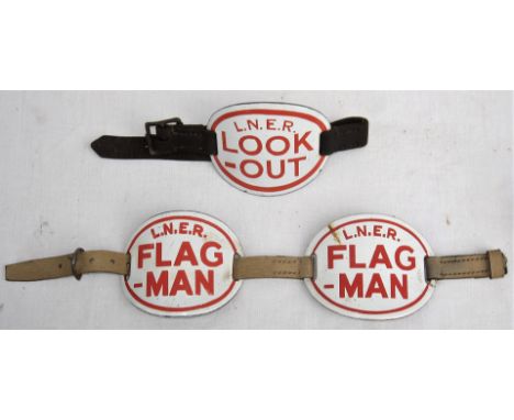 3 x LNER enamel Arm Bands 2 x LNER FLAG MAN together with LNER LOOK - OUT. Complete with leather straps. Good condition.