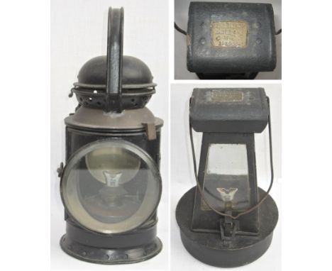 A pair of GWR Hand lamps. GWR 3 aspect Guards lamp together with an unusual ground lamp plated NORTH BOX LINE G.W.R 1939.