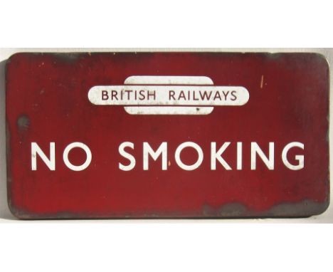 BR(M) FF enamel railway sign NO SMOKING sign showing British Railways Totem. Original condition measures 24in x 12.5in.