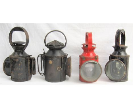 4 x Railway Handlamps. 2 x BR standard (one with LMS top) together with an LMS Hand lamp and an LSWR Hand lamp with No plate 