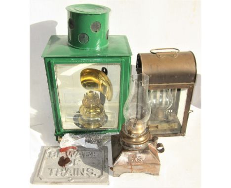 Unmarked Platform Lamp repainted green complete with home made interior removed from underneath. Brass lamp complete with bra