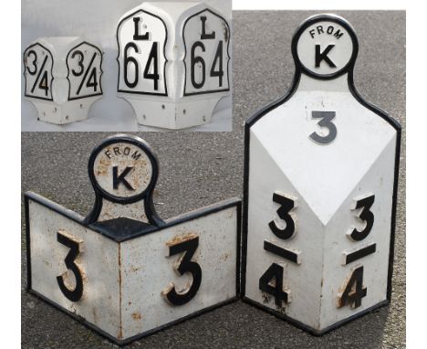 Two Midland Railway Junction line Mile Posts. FROM K (Kettering) 3 &amp; 3 3/4, and two GNR mileposts. GNR L64 and 3/4 are fr