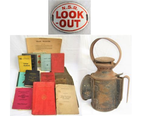 North Staffordshire Railway enamel armband  NSR LOOK-OUT minus leather straps. Together with LMS Hand lamp dated 1944 complet