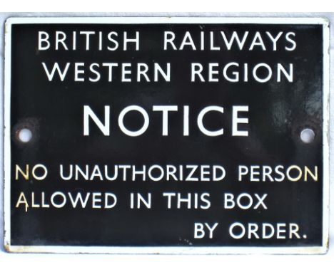 BRW Enamel Signal Box Door Notice. NO UNAUTHORISED PERSON etc. Excellent original condition. Measures 11 in x 8.25 in.