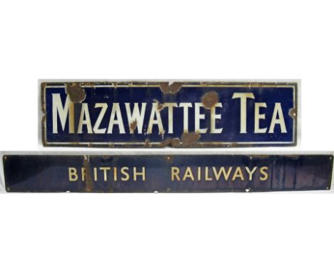 BR(E) Quad Royal Poster Board Header. BRITISH RAILWAYS with crease measuring 50 x 5.75 in together with enamel sign MAZAWATTE