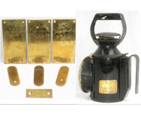 A lot containing a BR standard Hand lamp plated BR (E) GUARD. EGLES DONCASTER together with 6 x Signal Box brass lever plates