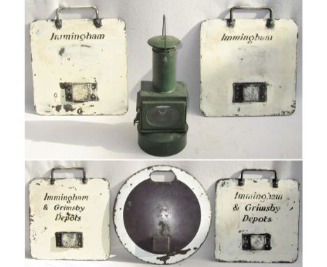 A Lot containing 5 x Loco bracket discs painted IMMINGHAM &amp; GRIMSBY DEPOTS plus round enamel example together with an unm