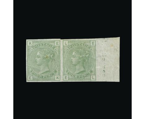 Great Britain - QV (surface printed) : (SG 153) 1873-80 4d sage-green, IMPERF IMPPRIMATUR HORIZONTAL PAIR, EK-EL, sheet margi