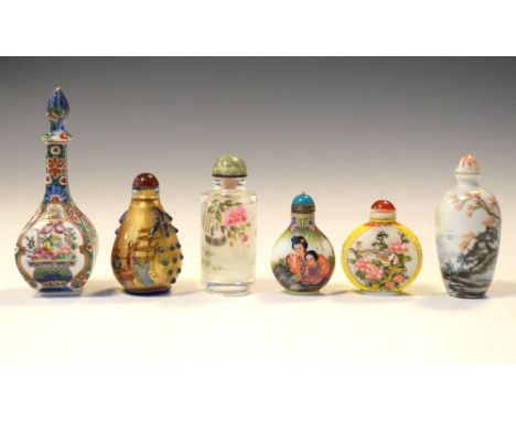 Five Chinese internally-painted glass snuff bottles, together with a porcelain Famille Verte scent bottle, 13.3cm high and sm