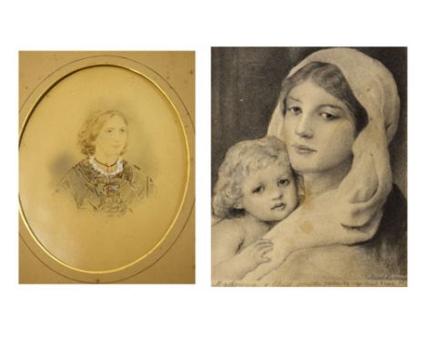 Victorian silhouette of a girl in oak frame, together with a small collection of 19th Century portrait sketches, etc Conditio