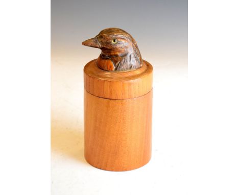 Treen jar having bird finial to lid, 16cm high Condition: Signs of glue where finial is placed to the lid, having various scr