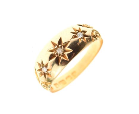 Edward VII 18ct gold ring with three small gypsy-set diamonds, Birmingham 1906, size L, 2.5g gross approx Condition: **Due to