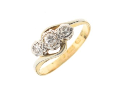 18ct gold and three stone diamond ring, size I, 2.5g gross approx Condition: Appears to have been resized, general wear to pl