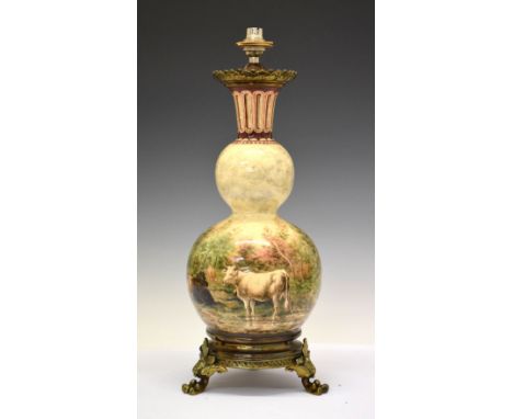 Early 20th Century Continental lamp base of double gourd form, painted with cattle in a landscape, 51cm high overall Conditio