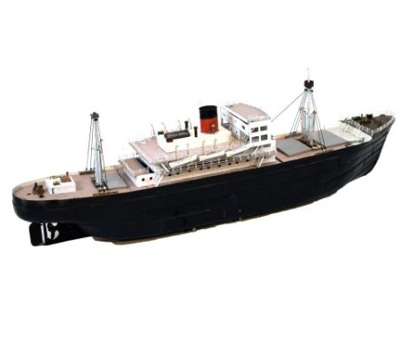 Large tin model of a 20th Century cargo ship, red funnel and six lifeboats, 35cm x 23cm x 122cm long approx Condition: Sold a