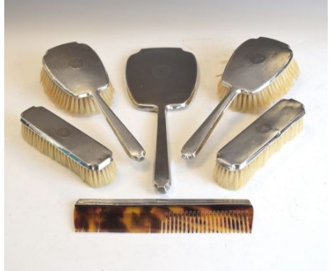 George V six piece dressing table set with engine turned decoration comprising: brushes, comb and hand mirror, Chester/Birmin