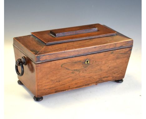 19th Century mahogany sarcophagus tea caddy, 33.5cm wide Condition: Some splits/chips to the woodwork present in places, ligh
