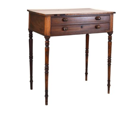 Early 19th Century mahogany two-drawer side table, 77cm x 66cm x 45.3cm Condition: Signs of light scratches present across th