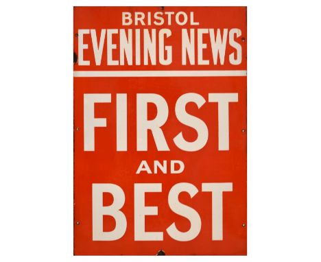 Local Interest - Large Bristol Evening News 'First and Best' red enamel advertising sign, 76cm x 50.5cm Condition: Some losse