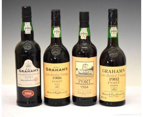Three bottles of Graham's Late Bottled Vintage Port: 1982, 1986, 1988, and a Safeway 1984 (4) Condition: Seals are good and t