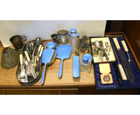 Guilloche enamel dressing table set and a quantity of plated wares Condition: Enamel appears to be in good order, plated ware